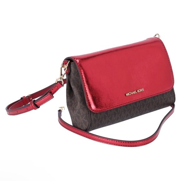 Michael Kors Jet Set Medium Convertible Pouchette Crossbody Brown Red Metallic - Picture 13 of 13